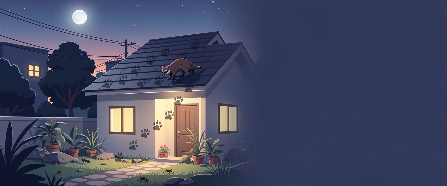 Ilustrasi jejak musang di halaman dan atap rumah untuk Musang228 dengan tema catatan musang, satwa nokturnal, jejak malam, dan ekosistem sekitar rumah.
