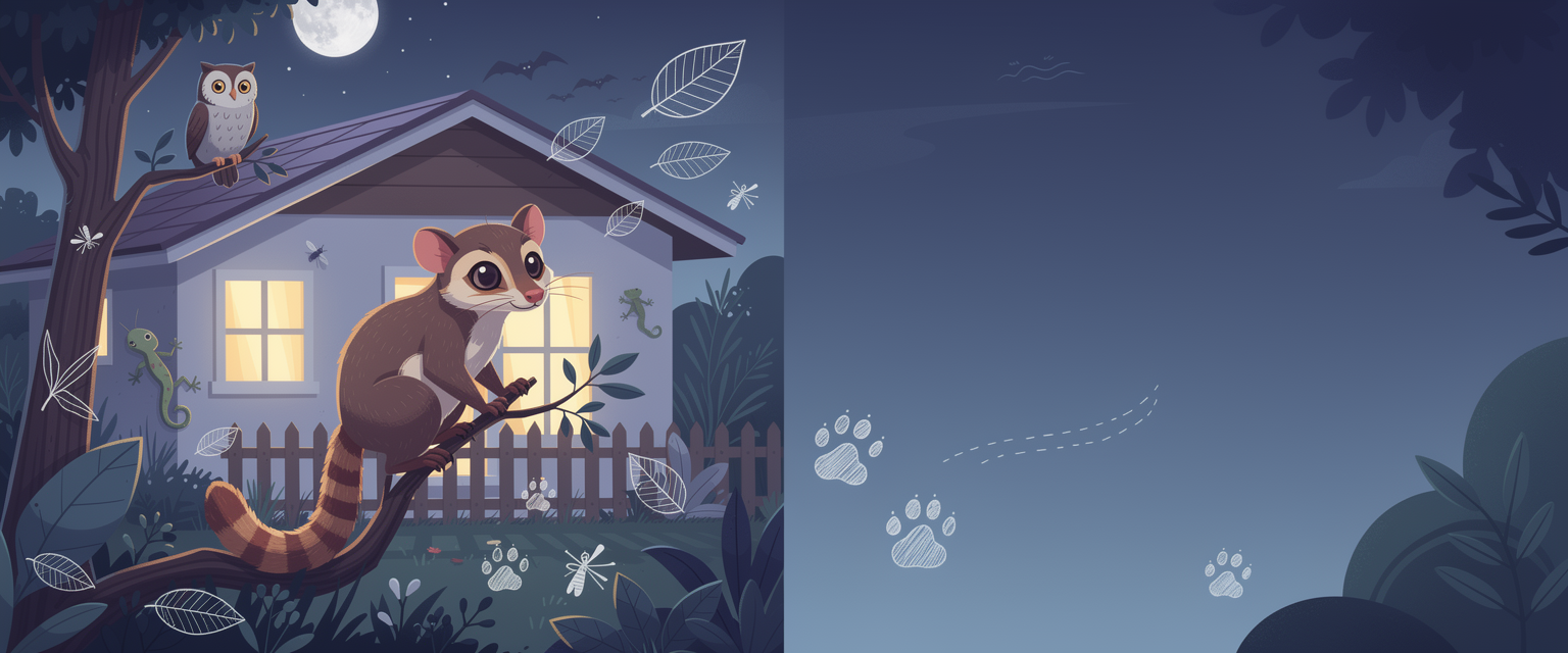 Ilustrasi panduan satwa malam untuk keluarga untuk Musang228 dengan tema catatan musang, satwa nokturnal, jejak malam, dan ekosistem sekitar rumah.